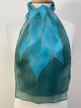 Load image into Gallery viewer, Flames Design Hand Painted Silk Neck Scarf in Green Teal Turquoise