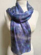 Load image into Gallery viewer, Hand Dyed Silk Small Neck Scarf in Grey Purple Turquoise by Designer Silk Artist