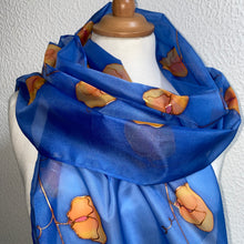 Load image into Gallery viewer, Sweet Pea Design Long Scarf : Hand Painted Silk in Blue &amp; Mandarin
