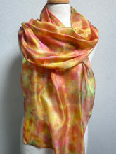 Load image into Gallery viewer, Hand Dyed Long Silk Scarf in Golden Yellow Coral Green Red by Designer Silk Artist