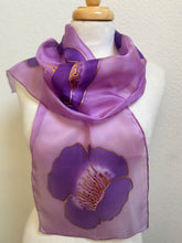 Load image into Gallery viewer, Poppies Design Hand Painted Silk Neck Scarf in Purple, Pink