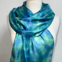 Load image into Gallery viewer, Hand Dyed Silk Neck Scarf in Teal, Apple Green, Blue by Designer Silk Artist