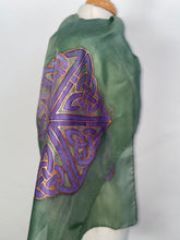 Load image into Gallery viewer, Celtic Design Silk Scarf in Green & Purple Hand Painted Silk