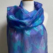 Load image into Gallery viewer, Leaves Design X Long Silk Scarf in Blues & Purple : Hand Painted Silk