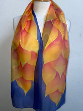Load image into Gallery viewer, Flames Design Hand Painted Silk Neck Scarf in Navy, Red, Orange

