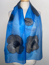 Load image into Gallery viewer, Poppy Noir Design Long Silk Scarf in Blue : Hand Painted Silk