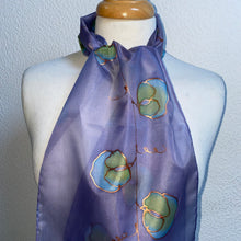 Load image into Gallery viewer, Sweet Peas Design Silk Neck Scarf in Lilac Aqua Lime : Hand Painted Silk
