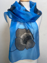 Load image into Gallery viewer, Poppy Noir Design Long Silk Scarf in Blue : Hand Painted Silk