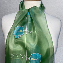 Load image into Gallery viewer, Sweet Peas Design Hand Painted Silk Neck Scarf in Apple Green Turquoise
