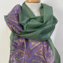 Load image into Gallery viewer, Celtic Design Silk Scarf in Green & Purple Hand Painted Silk
