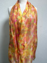 Load image into Gallery viewer, Hand Dyed Long Silk Scarf in Golden Yellow Coral Green Red by Designer Silk Artist