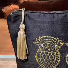Load image into Gallery viewer, Three Owls Design Cosmetics Purse in Chocolate Brown Gold : Hand Printed Silk