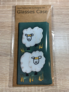 Sheep Design Glasses Case  in blue or green Hand Painted Silk