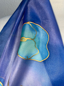 Sweet Peas Design Hand Painted Silk Neck Scarf in Blue Turquoise Aqua