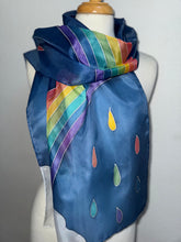 Load image into Gallery viewer, Rainbow Design Silk Scarf in Blue Silver : Hand Painted Silk by Designer Silk Artist