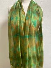 Load image into Gallery viewer, Hand Dyed Long Silk Scarf in Greens and Tan