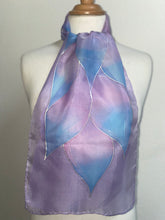 Load image into Gallery viewer, Flames Design Hand Painted Silk Neck Scarf in Lilac, Blue, Pink