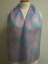 Load image into Gallery viewer, Flames Design Hand Painted Silk Neck Scarf in Lilac, Blue, Pink