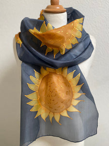 Sunflower Design Silk Long Scarf in Navy Blue Hand Painted by Designer Silk