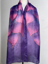 Load image into Gallery viewer, Flames Design X Long Silk Scarf in Purple and Pink Shades Hand Painted Silk by Designer Silk