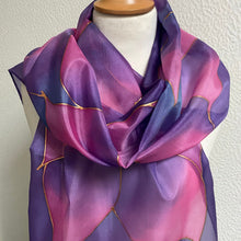 Load image into Gallery viewer, Flames Design X Long Silk Scarf in Purple and Pink Shades Hand Painted Silk by Designer Silk