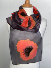 Load image into Gallery viewer, Poppies Design Hand Painted Silk Neck Scarf in Charcoal Black and Red
