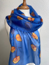 Load image into Gallery viewer, Sweet Pea Design Long Scarf : Hand Painted Silk in Blue & Mandarin