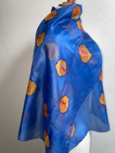 Load image into Gallery viewer, Sweet Pea Design Long Scarf : Hand Painted Silk in Blue & Mandarin