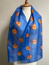 Load image into Gallery viewer, Sweet Pea Design Long Scarf : Hand Painted Silk in Blue & Mandarin
