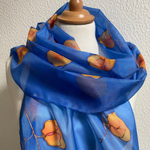 Load image into Gallery viewer, Sweet Pea Design Long Scarf : Hand Painted Silk in Blue & Mandarin