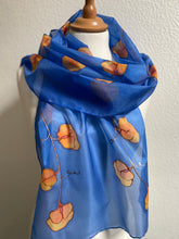 Load image into Gallery viewer, Sweet Pea Design Long Scarf : Hand Painted Silk in Blue & Mandarin