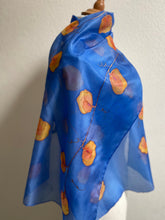Load image into Gallery viewer, Sweet Pea Design Long Scarf : Hand Painted Silk in Blue & Mandarin