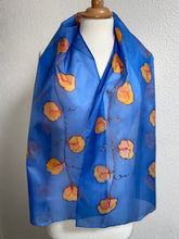 Load image into Gallery viewer, Sweet Pea Design Long Scarf : Hand Painted Silk in Blue & Mandarin