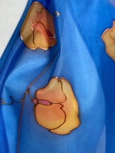 Load image into Gallery viewer, Sweet Pea Design Long Scarf : Hand Painted Silk in Blue & Mandarin