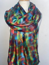 Load image into Gallery viewer, Hand Dyed Long Silk Scarf in Green Red and Blue