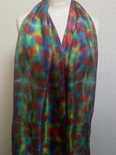 Load image into Gallery viewer, Hand Dyed Long Silk Scarf in Green Red and Blue