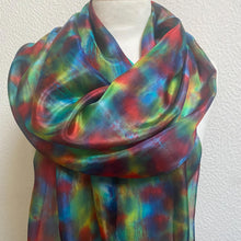Load image into Gallery viewer, Hand Dyed Long Silk Scarf in Green Red and Blue