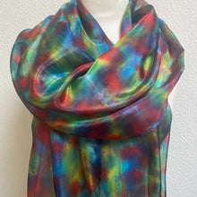 Load image into Gallery viewer, Hand Dyed Long Silk Scarf in Green Red and Blue