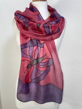 Load image into Gallery viewer, Butterflies Design X Long Silk Scarf in Burgundy : Hand Painted Silk