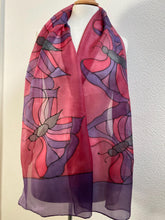 Load image into Gallery viewer, Butterflies Design X Long Silk Scarf in Burgundy : Hand Painted Silk