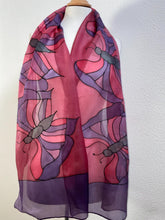 Load image into Gallery viewer, Butterflies Design X Long Silk Scarf in Burgundy : Hand Painted Silk