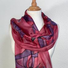Load image into Gallery viewer, Butterflies Design X Long Silk Scarf in Burgundy : Hand Painted Silk