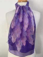 Load image into Gallery viewer, Leaves Design Hand Painted Silk Neck Scarf in Lilac Purple