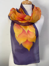 Load image into Gallery viewer, Flames Design Hand Painted Silk Neck Scarf in Fire Shades and Dark Purple