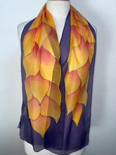 Load image into Gallery viewer, Flames Design Hand Painted Silk Neck Scarf in Fire Shades and Dark Purple