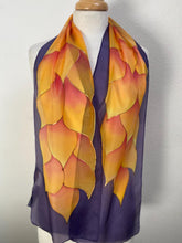 Load image into Gallery viewer, Flames Design Hand Painted Silk Neck Scarf in Fire Shades and Dark Purple