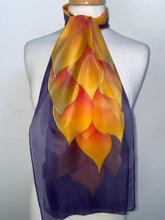Load image into Gallery viewer, Flames Design Hand Painted Silk Neck Scarf in Fire Shades and Dark Purple