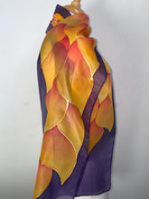 Load image into Gallery viewer, Flames Design Hand Painted Silk Neck Scarf in Fire Shades and Dark Purple