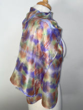 Load image into Gallery viewer, Hand Dyed Silk Neck Scarf in Purples Tan Green by Designer Silk Artist