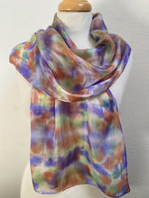 Load image into Gallery viewer, Hand Dyed Silk Neck Scarf in Purples Tan Green by Designer Silk Artist